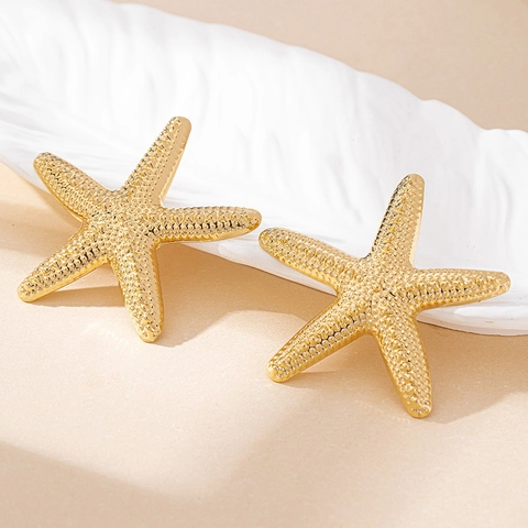 Large Starfish Stud Earrings Textured Alloy Gold Plated Statement Jewelry For Women Beach Vacation Style