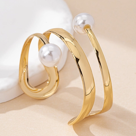 Bracciale Rigido Aperto A Spirale Lega Dorata Con Künstliche Perle Sintetiche Multistrato Minimalista Geometrico Gioielli Per Donna