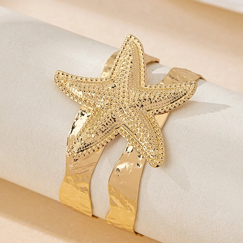 Zeester Manchet Armband Legering Goudkleurig Gehamerd Metaal Open Bangle Marine Strand Vakantie Boho Sieraden Voor Dames