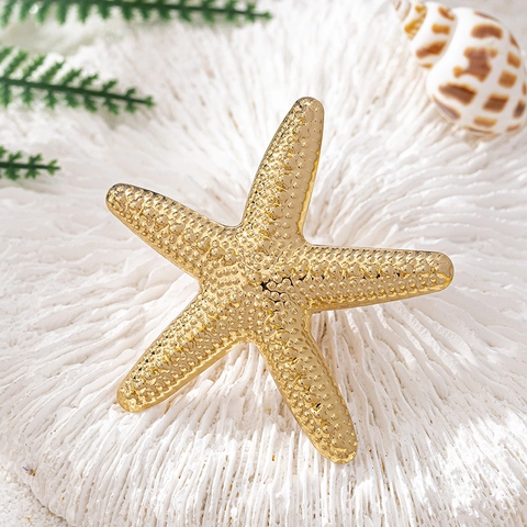 Gold Color Oversized Starfish Ring Alloy Textured Bubble Surface Bold Statement Vacation Jewelry For Women