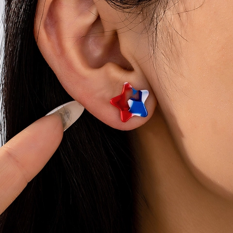 Red White Blue Star Stud Earrings Acrylic Marble Texture Independence Day Jewelry For Women Unique Cute Fashion Gift