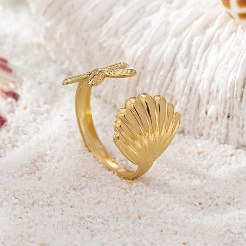 Starfish Shell Open Ring Gold Color Alloy Adjustable Ocean Theme Summer Beach Vacation Jewelry For Women