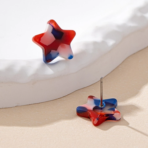 Red White Blue Star Stud Earrings Acrylic Marble Texture Independence Day Jewelry For Women Unique Cute Fashion Gift