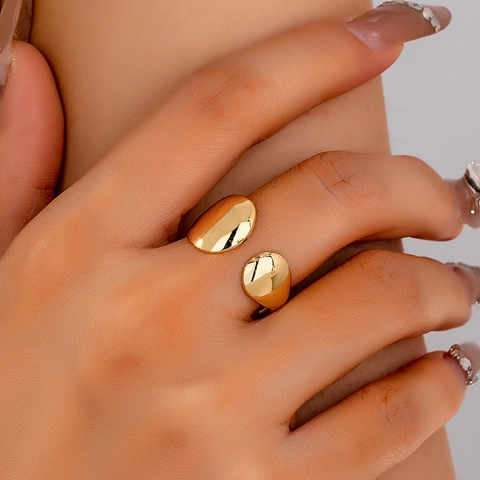 Geometric Open Ring Minimalist Alloy Gold Polished Double Ball Adjustable Finger Ring For Women