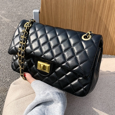 Quilted Diamond Pattern Shoulder Bag PU Leather Gold Chain Strap Flap Square Lock Vintage Crossbody Bag For Women