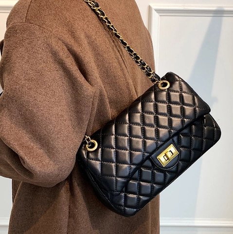 Quilted Diamond Pattern Shoulder Bag PU Leather Gold Chain Strap Flap Square Lock Vintage Crossbody Bag For Women