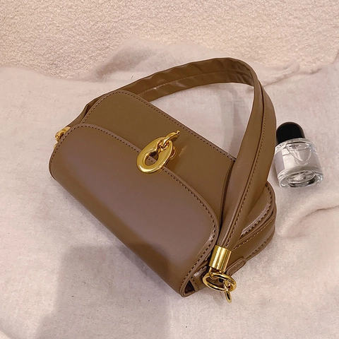 Fashion Women PU Leather Shoulder Bag Retro Square Crossbody Bag With Gold Buckle Minimalist Daily Commute Baguette Bag