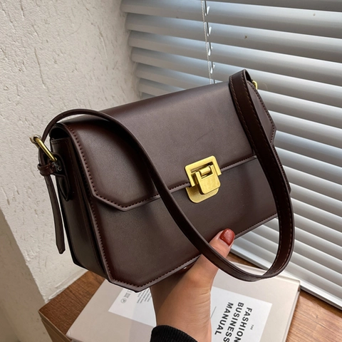 Vintage PU Leather Women Shoulder Crossbody Bag Minimalist Solid Color Small Square Flap Handbag With Metal Lock