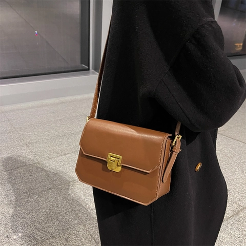 Vintage PU Leather Women Shoulder Crossbody Bag Minimalist Solid Color Small Square Flap Handbag With Metal Lock