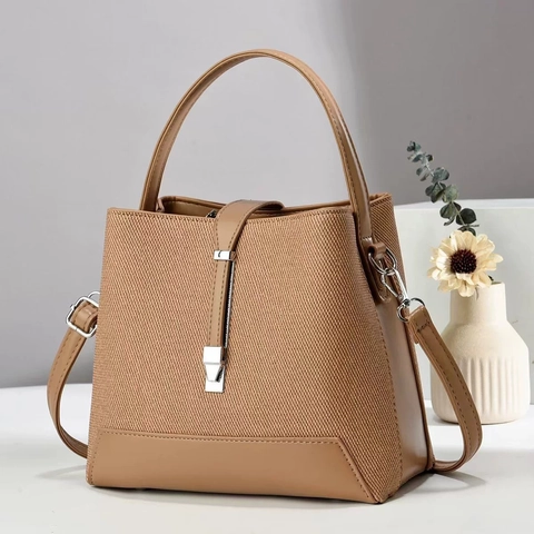 Borsa a Secchiello Donna Pelle PU Tessuto Patchwork Borsa a Mano Tracolla Regolabile Elegante