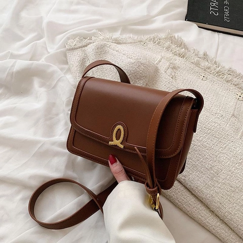 Women Shoulder Bag PU Leather Retro Small Square Crossbody With Gold Metal Buckle Adjustable Strap Solid Color Fashion