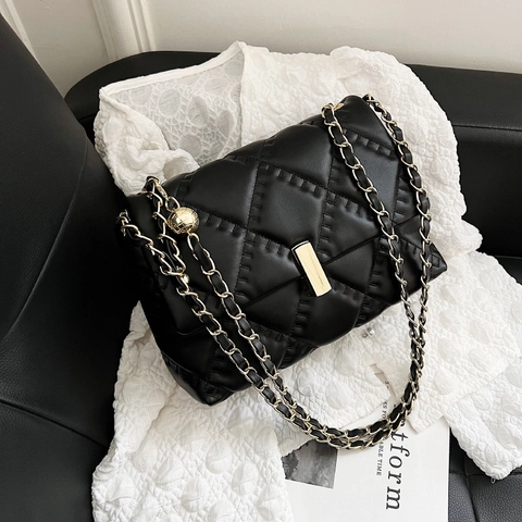 Elegant Quilted Rhombic Lattice Shoulder Bag For Women PU Leather Metal Chain Strap Crossbody Small Square Handbag Stylish
