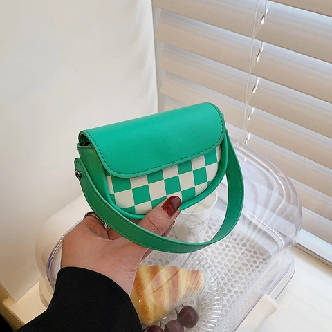 Mini Borsa Sella A Scacchi Pelle PU Motivo Scacchiera Tracolla Borsa A Mano Per Donna Moda Streetwear