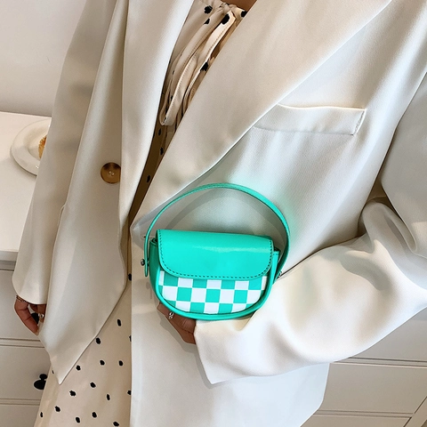 Mini Borsa Sella A Scacchi Pelle PU Motivo Scacchiera Tracolla Borsa A Mano Per Donna Moda Streetwear