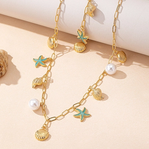 Oceano Spiaggia Stella Marina Conchiglia Pendente Perla Artificiale Placcato Oro Lega Catena Graffetta Collana E Bracciale