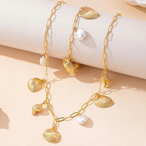 Gioielli In Lega Con Conchiglia Cuore Perla Artificial Sintetica Collana E Bracciale Stile Spiaggia Estate Donna