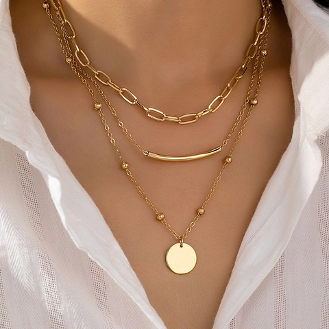 Collier Multi Rangs Alliage Plaqué Or Pendentif Disque Rond Barre Courbée Minimaliste Hip Hop Punk Pour Femme