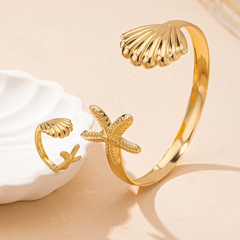 Sea Star Shell Jewelry Gold Color Alloy Open Cuff Bracelet And Adjustable Ring Summer Ocean Beach Holiday For Women