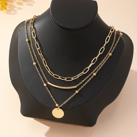 Collier Multi Rangs Alliage Plaqué Or Pendentif Disque Rond Barre Courbée Minimaliste Hip Hop Punk Pour Femme