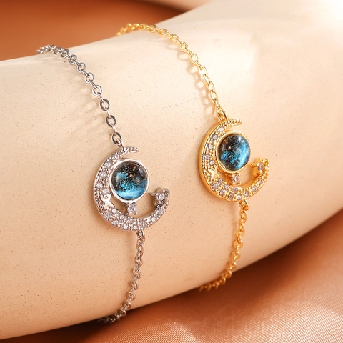 Sternen Mond Halskette Armband Ohrringe Ring Kupfer Gold Silber Plattiert Blau Galaxie Glas Ball Strass Sichel Damen