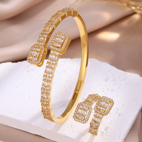 Gold Plated Zircon Open Bracelet And Adjustable Ring Geometric Pavé Rhinestone Jewelry For Women Party Banquet Elegant