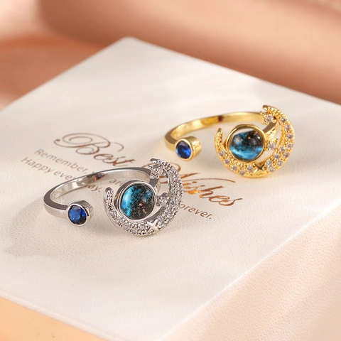 Anillo Abierto Planeta Cielo Estrellado Cobre Circón Estrella Luna Saturno Joyería Ajustable Para Mujeres Estilo Romántico