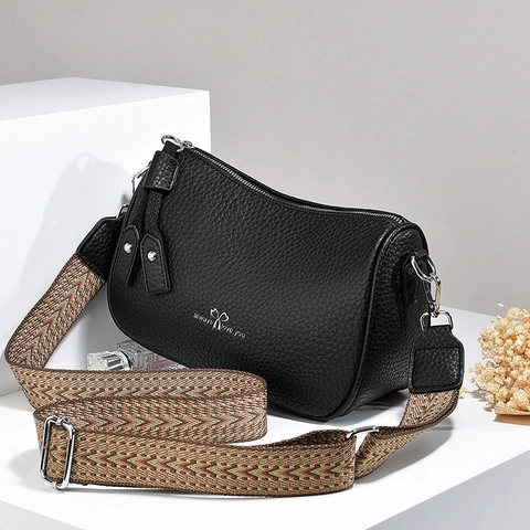 Women Pebbled PU Leather Crossbody Bag With Wide Patterned Woven Strap Adjustable Small Boston Handbag For Daily Fashion