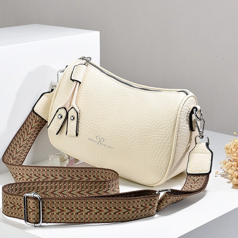 Minimalist Women PU Leather Bucket Bag Litchi Texture Pillow Bag Wide Ethnic Strap Versatile Crossbody Bag Daily Carry