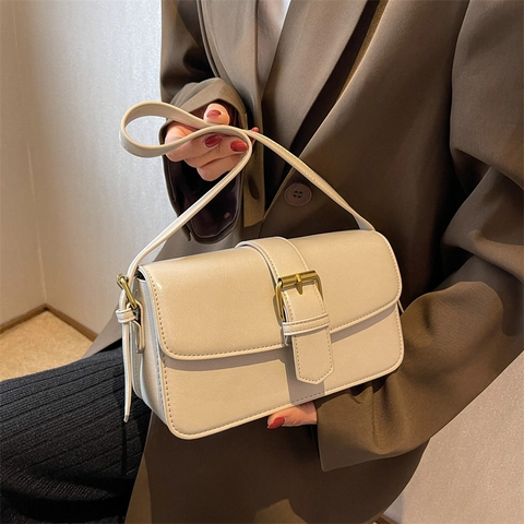 Retro Damen Unterachseltasche PU-Leder Minimalistische Klappe Umhängetasche Mit Goldener Metallschnalle