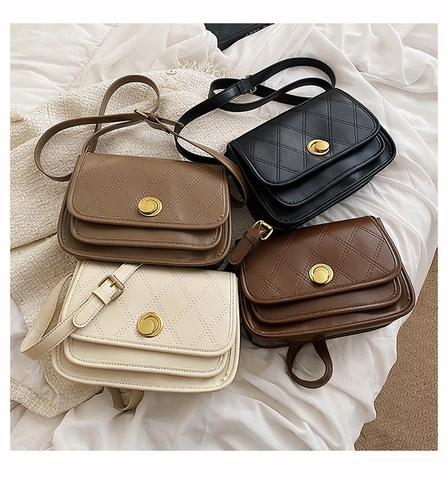 Women Diamond Quilted PU Leather Shoulder Bag Vintage Square Crossbody Bag With Gold Round Rotary Lock Flap Cover