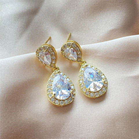 Zirconia Drop Earrings Brass Double Pear Teardrop Dangle Jewelry For Women Wedding Bridal Party Elegant Accessories
