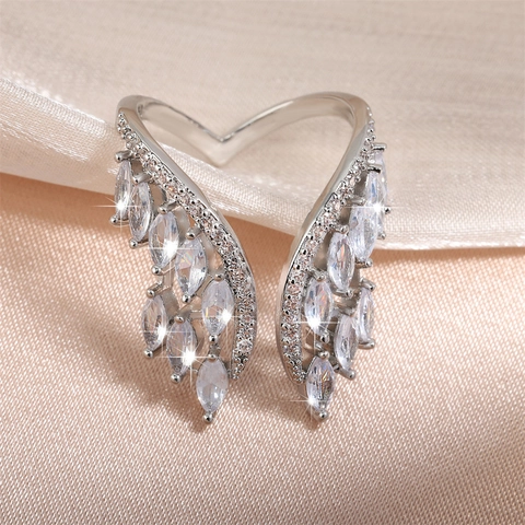Engelenvleugels Veer Open Ring Koper Met Zirkonia Verstelbare Vinger Sieraden Voor Vrouwen Elegante Fonkelende Accessoires