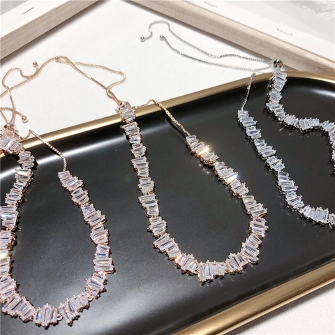 Baguette Cut Cubic Zirconia Choker Necklace For Women Adjustable Drawstring Sliding Buckle Luxury Zigzag Copper Jewelry