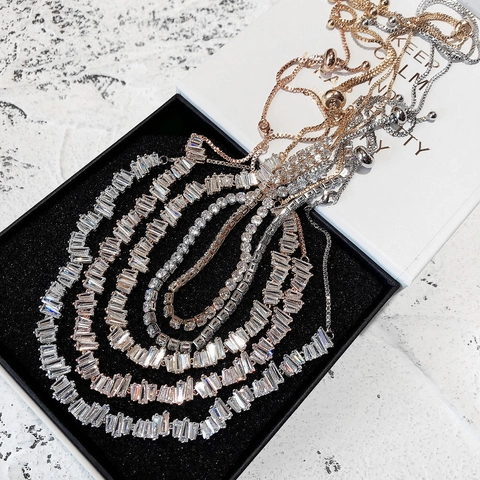 Baguette Cut Cubic Zirconia Choker Necklace For Women Adjustable Drawstring Sliding Buckle Luxury Zigzag Copper Jewelry