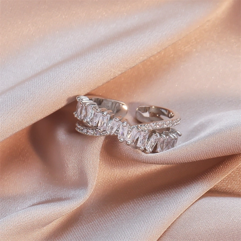 Criss Cross Double Layer Open Ring Brass Baguette Zircon Adjustable Statement Jewelry For Women