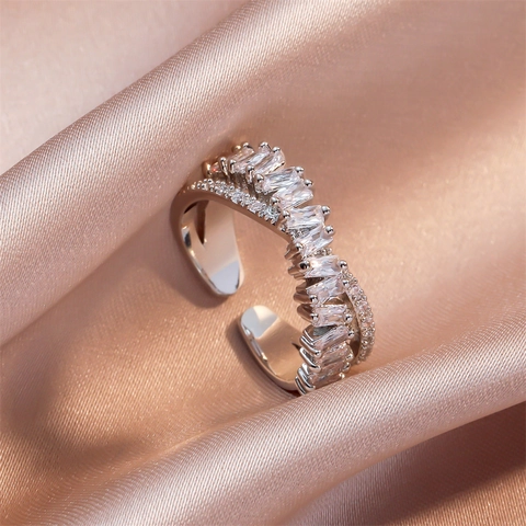 Criss Cross Double Layer Open Ring Brass Baguette Zircon Adjustable Statement Jewelry For Women