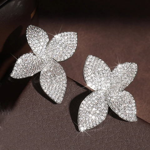 Blumen Ohrstecker Luxus Zirkonia Kleeblatt Funkelnd Kupfer Mit Edelstahl Ohrstecker Für Damen