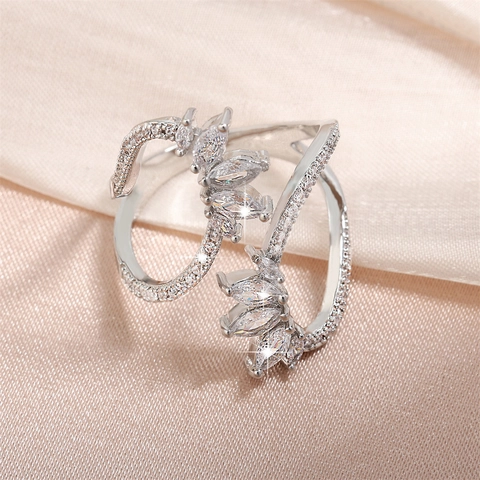 Marquise Zircon Leaf Ring Copper Open Adjustable Wrap Around Elegant Light Luxury Finger Jewelry For Women Girls