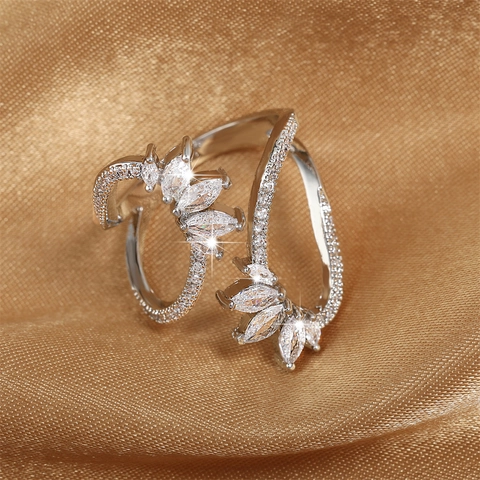 Marquise Zircon Leaf Ring Copper Open Adjustable Wrap Around Elegant Light Luxury Finger Jewelry For Women Girls