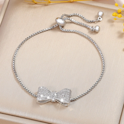 Bowtie Bracelet Copper Cubic Zirconia Adjustable Slide Clasp Box Chain Elegant Dainty Fashion Jewelry Gift For Women