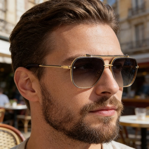 Men Fashion Square Metal Navigator Sunglasses Double Bridge Gradient Lens UV400 Protection Luxury Pilot Shades Eyewear