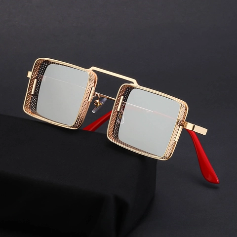 Steampunk Square Metal Sunglasses Hollow Mesh Side Shields UV400 Fashion Sun Protection Shades For Men Women Punk Eyewear