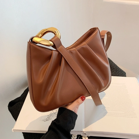 Borsa A Spalla Pieghettata Da Donna Pelle PU Borsa Sottobraccio Modello Dumpling Con Grossa Catena Dorata Borsa A Mano Minimalista Hobo