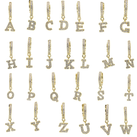 Koperen Zirkonia Initiële Letter Oorbellen Pave Kleine Hoop Hanger Sieraden Voor Vrouwen Elegante Mode Accessoires