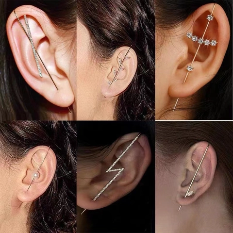 Fashion Alloy Zirconia Lightning Bolt Ear Crawler Earrings For Women Gold Geometric Pearl Inlaid Ear Pins Jewelry Gift