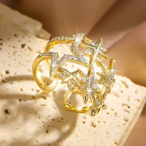 Anello Regolabile Stella A Otto Punte Rame Zirconia Scintillante Celeste Gioielli Da Dito Aperti Per Donna Stile Minimalista