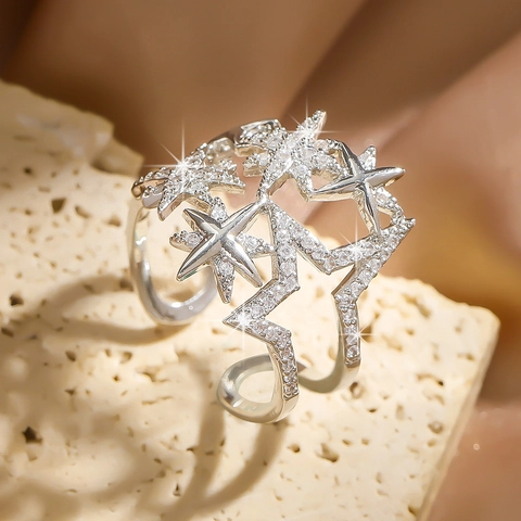 Anello Regolabile Stella A Otto Punte Rame Zirconia Scintillante Celeste Gioielli Da Dito Aperti Per Donna Stile Minimalista