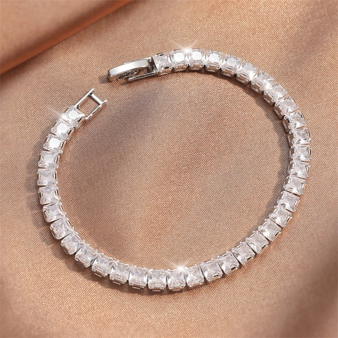 Classic Tennis Bracelet Copper With Square Cubic Zirconia Single Row Inlay Elegant Wedding Jewelry For Women
