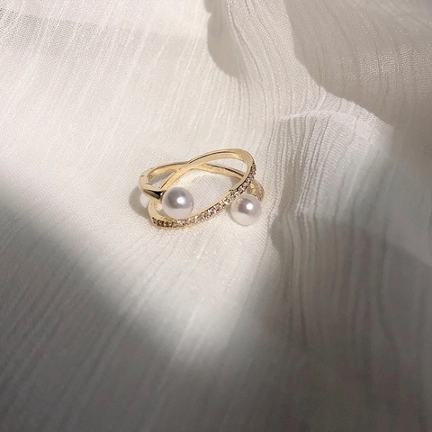 Elegant Artificial Pearl Ring Gold Plated Copper Double Layer Crossed Open Adjustable Band Cubic Zirconia Jewelry For Women
