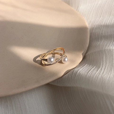 Elegant Artificial Pearl Ring Gold Plated Copper Double Layer Crossed Open Adjustable Band Cubic Zirconia Jewelry For Women